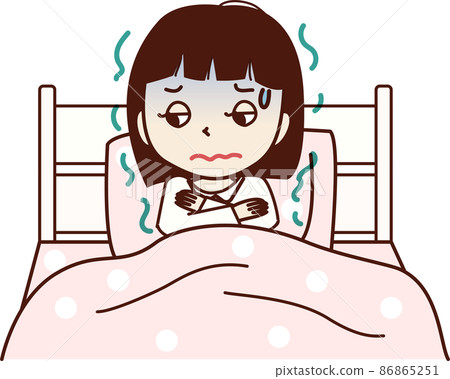 一個面色蒼白的年輕女子，她上床睡覺，渾身發冷。 86865251