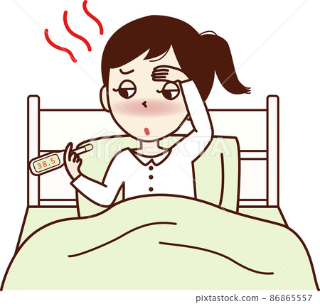 A young woman with a fever who goes to bed and has a thermometer. 86865557