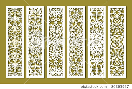 Set of rectangular vertical lace panels. Stencil, lattice with oriental pattern, floral ornament from decorative leaves, flowers, curls. Template for plotter laser cutting of paper, engraving, carving 86865927