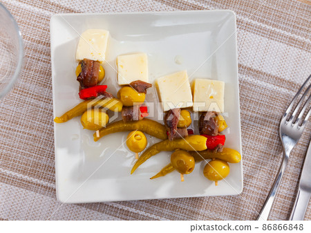 Four gildas, Spanish snack, served on plate Four gildas, Spanish snack, served on plate 86866848