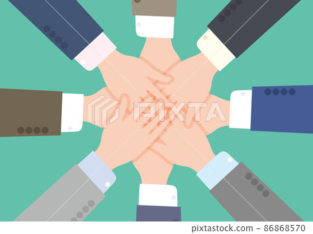 Teamwork: Hands of businessmen piled up Teamwork: Hands of businessmen piled up 86868570