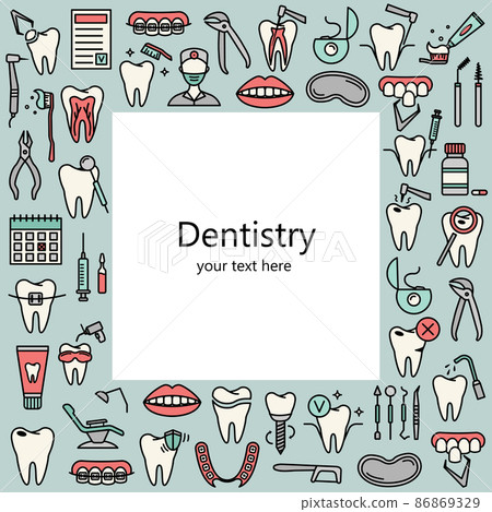 Template with line dentistry icons. Dental flat vector elements. Template with line dentistry icons. Dental flat vector elements. 86869329