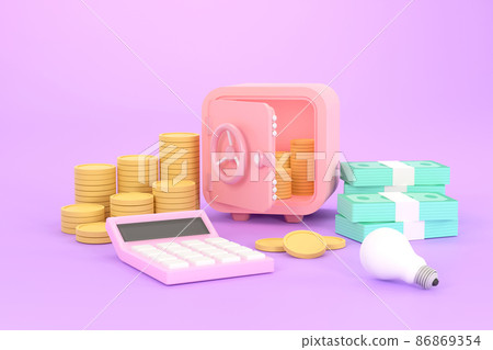 Safe, coins, banknotes and calculator. business saving. 86869354