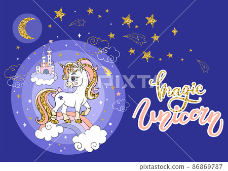 Golden sparkle cartoon unicorn on blue background Golden sparkle cartoon unicorn on blue background 86869787