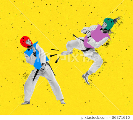 Dynamic portrait of two young women, taekwondo practitioners training together isolated over yellow neon background. Creative collage Dynamic portrait of two young women, taekwondo practitioners training together isolated over yellow neon background. Creative collage 86871610