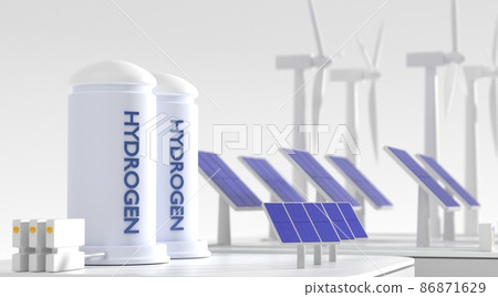 Hydrogen gas turbine power plant with renewable energy sources. Production green hydrogen of windmill turbines and solar panels. Tank containers for storage, 3d render illustration, clean electricity Hydrogen gas turbine power plant with renewable energy sources. Production green hydrogen of windmill turbines and solar panels. Tank containers for storage, 3d render illustration, clean electricity 86871629