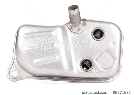 aluminum muffler for a chainsaw on a white isolated background aluminum muffler for a chainsaw on a white isolated background 86871685