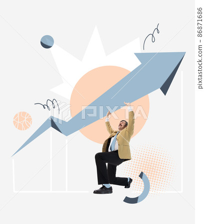 Contemporary art collage. Ambitious man, employee lifting up heavy barbell symbolizing hard way to success 86871686