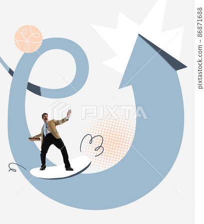 Creative design. Businessman surfing on rising arrow symbolizing business improvement and success 86871688
