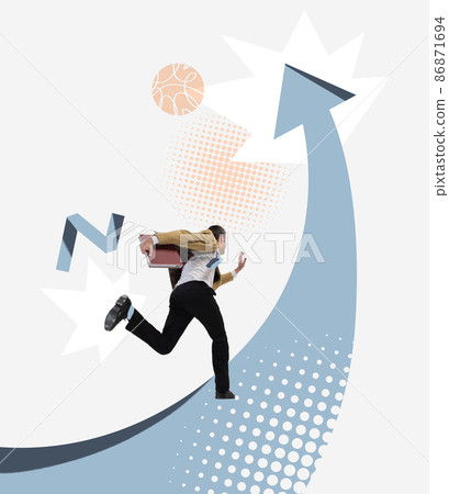 Contemporary art collage. Businessman, office manager with folder running upwards the arrow symbolizing way to success 86871694