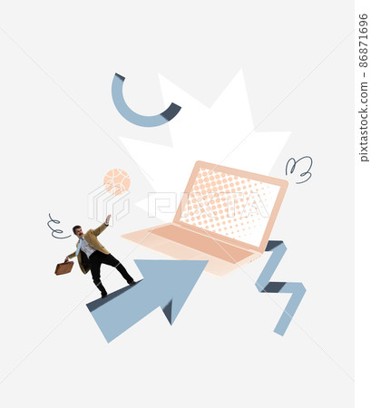 Creative design. Contemporary art collage. Businessman surfing into laptop screen symbolizing online business 86871696