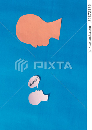 Two Paper Human face with what Question Mark on speech bubble isolated on blue background. Conceptual images showing Big Questions from little people of Great Minds to big people. 86872386