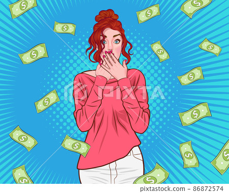 surprised woman face shocking with close mouth by hands and Falling Down Money 86872574