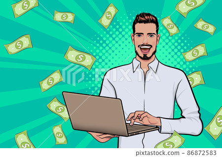 Smiling success bearded businessman hold laptop and Falling Down Money 86872583
