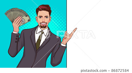 smile bearded businessman hold money point finger at empty space 86872584
