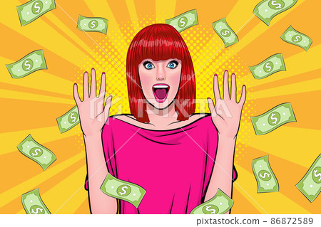shocking woman hand up surprised with Falling Down Money shocking woman hand up surprised with Falling Down Money 86872589