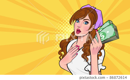 woman holding money looking and wondering 86872614