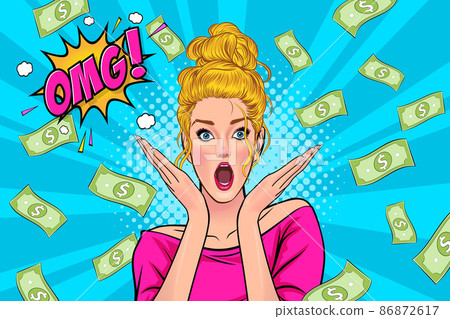 surprised woman shocking with hand near mouth and Falling Down Money surprised woman shocking with hand near mouth and Falling Down Money 86872617