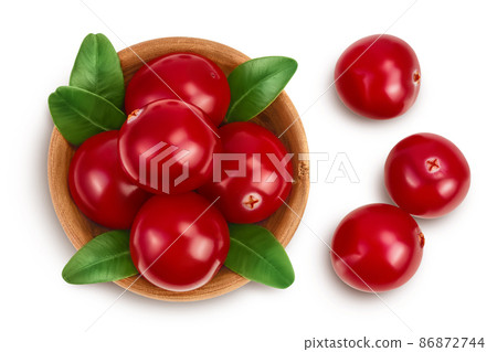 Cranberry in wooden bowl isolated on white background with clipping path and full depth of field, Top view. Flat lay 86872744