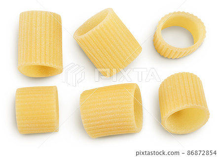 raw italian pasta isolated on white background with clipping path . Mezze Maniche Rigate Bronze die. Top view. Flat lay. Set or collection raw italian pasta isolated on white background with clipping path . Mezze Maniche Rigate Bronze die. Top view. Flat lay. Set or collection 86872854