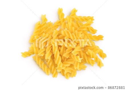raw Fusilli pasta, isolated on white background with clipping path and full depth of field. Top view. Flat lay raw Fusilli pasta, isolated on white background with clipping path and full depth of field. Top view. Flat lay 86872881