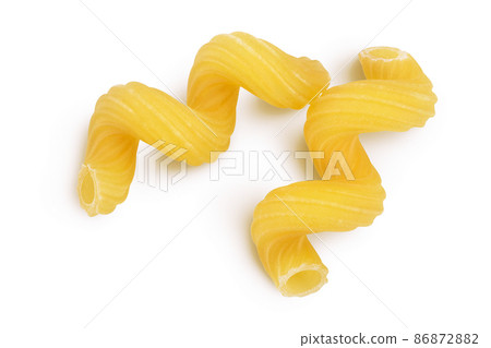 raw pasta cavatappi isolated on white background with clipping path and full depth of field. Top view. Flat lay raw pasta cavatappi isolated on white background with clipping path and full depth of field. Top view. Flat lay 86872882