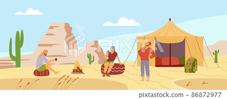 Vacation in desert camp with travelers in campsite, flat vector illustration. 86872977