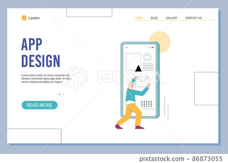 UX design process flat vector banner. Male character working on user experience design for mobile phone app. 86873055