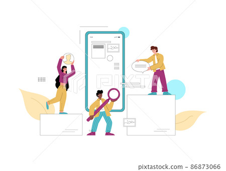 UX design process flat vector illustration. Tiny people work on mobile app design. Smartphone device design. 86873066