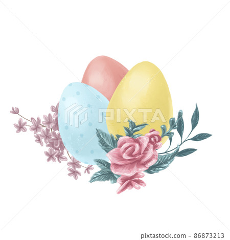 Happy Easter congratulation card design with pastel colored easter eggs and spring flowers isolated. Watercolor hand drawn illustration. For prints, banners, invitations etc. Happy Easter congratulation card design with pastel colored easter eggs and spring flowers isolated. Watercolor hand drawn illustration. For prints, banners, invitations etc. 86873213