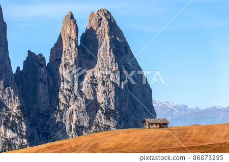 Punta Euringer mountain on autumn Seiser Alm plateau. South Tyrol, Italy. Punta Euringer mountain on autumn Seiser Alm plateau. South Tyrol, Italy. 86873295