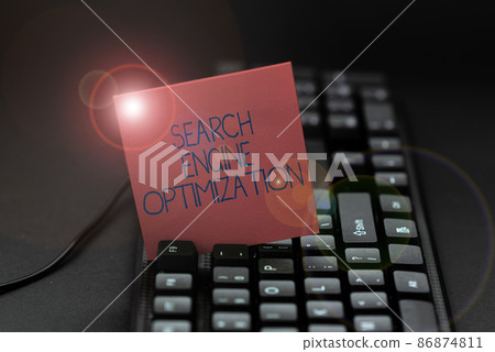 Text showing inspiration Search Engine Optimization. Business showcase Increase of business website traffic and analytics Entering Image Keyword And Description, Typing Word Definition And Meaning 86874811