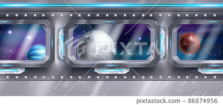 Space ship interior, vector spacecraft window view, corridor inside future station, alien planet Space ship interior, vector spacecraft window view, corridor inside future station, alien planet 86874956
