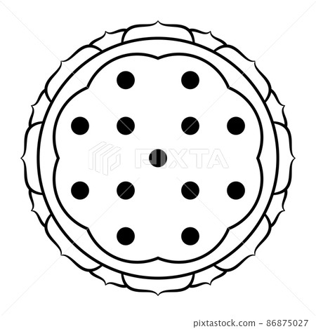 Mouth of the lotus. Symbol of a lotus seed head, with 13 seeds in the pericarp, two eight petaled lotus flowers are emerging from it, representing phenomenal world Samsara, and noumenal world Nirvana. 86875027