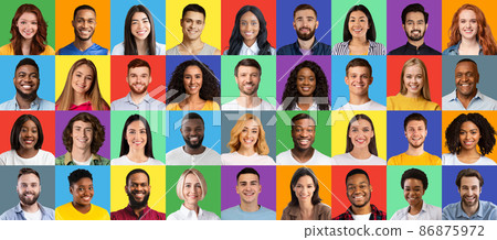 Portraits of multinational women and men of different races and ages smiling over colorful studio backgrounds, collage 86875972