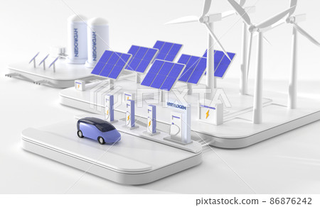 Electric and hydrogen filling station with future car, wind turbines, solar panels, battery and tank containers. Isometric illustration fuel cell vehicle, emission eco friendly transport, 3d render 86876242
