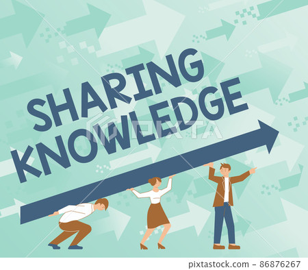 Inspiration showing sign Sharing Knowledge. Concept meaning knowledge is exchanged among showing or organizations Four Colleagues Drawing Standing Holding Large Arrow For Success. 86876267