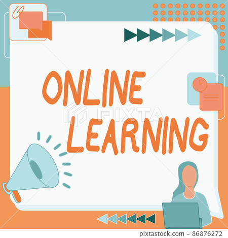 Conceptual caption Online Learning. Business showcase Larning with the assistance of the Internet and a computer Woman Drawing Sitting Working Next To Megaphone Making New Announcement Conceptual caption Online Learning. Business showcase Larning with the assistance of the Internet and a computer Woman Drawing Sitting Working Next To Megaphone Making New Announcement 86876272