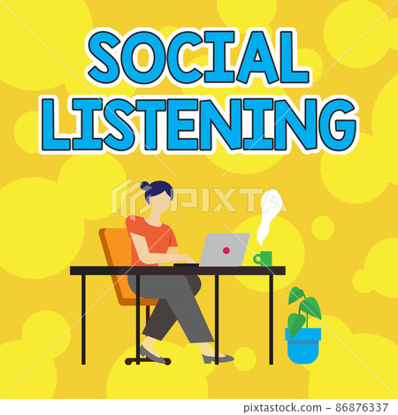Text caption presenting Social Listening. Business idea analyzing the conversations and trends of your product Woman Sitting With Laptop Back View Actively Accomplishing Work From Home 86876337