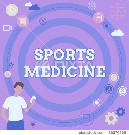 Conceptual caption Sports Medicine. Concept meaning Treatment and prevention of injuries related to sports Businessman Innovative Thinking Leading Ideas Towards Stable Future. 86876366