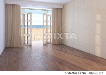 Hotel with Sea View. Empty Room with Open Windows Overlooking the Ocean, Yellow Sand and the Clouds. Dark Parquet, Beige Curtains and Beige Stucco Wall . 3D Rendering, 8K Ultra HD, 7680x5121 Hotel with Sea View. Empty Room with Open Windows Overlooking the Ocean, Yellow Sand and the Clouds. Dark Parquet, Beige Curtains and Beige Stucco Wall . 3D Rendering, 8K Ultra HD, 7680x5121 86876474