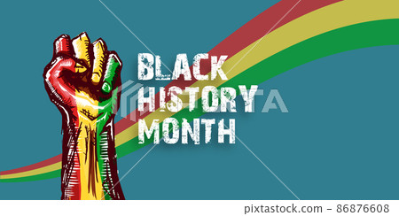 Black history month horizontal banner with protest raised fist colored in African flag isolated on background. Black history month horizontal poster, flyer with black mans fist Black history month horizontal banner with protest raised fist colored in African flag isolated on background. Black history month horizontal poster, flyer with black mans fist 86876608