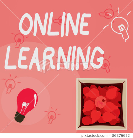 Handwriting text Online Learning. Business showcase Larning with the assistance of the Internet and a computer Glowing Light Bulb Drawing In Box Displaying Fresh Discoveries. 86876652