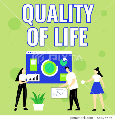 Conceptual caption Quality Of Life. Business idea being in good health decent job Enjoying every moment Employee Helping Together Sharing Ideas For Skill Improvement. 86876676
