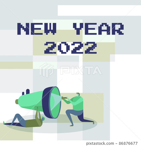 Text sign showing New Year 2022. Business concept Greeting Celebrating Holiday Fresh Start Best wishes Workers Drawing Helping One Other With Flashlight To Fix Megaphone. Text sign showing New Year 2022. Business concept Greeting Celebrating Holiday Fresh Start Best wishes Workers Drawing Helping One Other With Flashlight To Fix Megaphone. 86876677