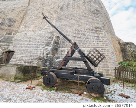 Historical catapult from the Hussite wars. Hrad Kost, Czechia. Historical catapult from the Hussite wars. Hrad Kost, Czechia. 86877014