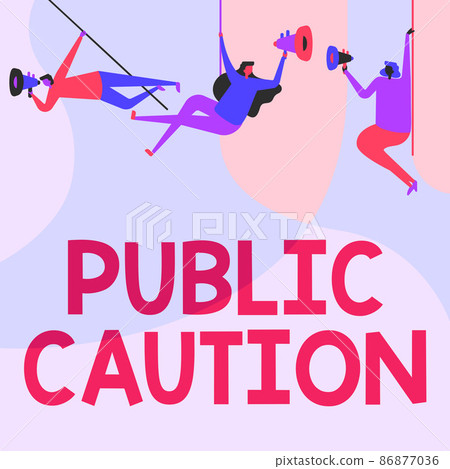 Text sign showing Public Caution. Business overview formal warning given to the public to express a potential risk People Drawing Hanging At Ceiling With Megaphones Making Announcement. 86877036