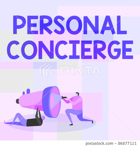 Hand writing sign Personal Concierge. Conceptual photo someone who will make arrangements or run errands Workers Drawing Helping One Other With Flashlight To Fix Megaphone. 86877121