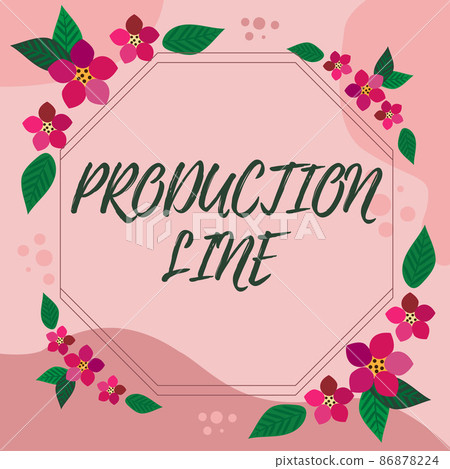 Conceptual display Production Line. Internet Concept set of sequential operations established in a factory Frame Decorated With Colorful Flowers And Foliage Arranged Harmoniously. Conceptual display Production Line. Internet Concept set of sequential operations established in a factory Frame Decorated With Colorful Flowers And Foliage Arranged Harmoniously. 86878224