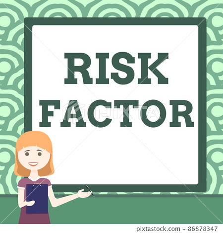 Hand writing sign Risk Factor. Word for Characteristic that may increase the percentage of acquiring a disease Lady Drawing Standing Holding Clipboard Presenting New Ideas To Team Hand writing sign Risk Factor. Word for Characteristic that may increase the percentage of acquiring a disease Lady Drawing Standing Holding Clipboard Presenting New Ideas To Team 86878347